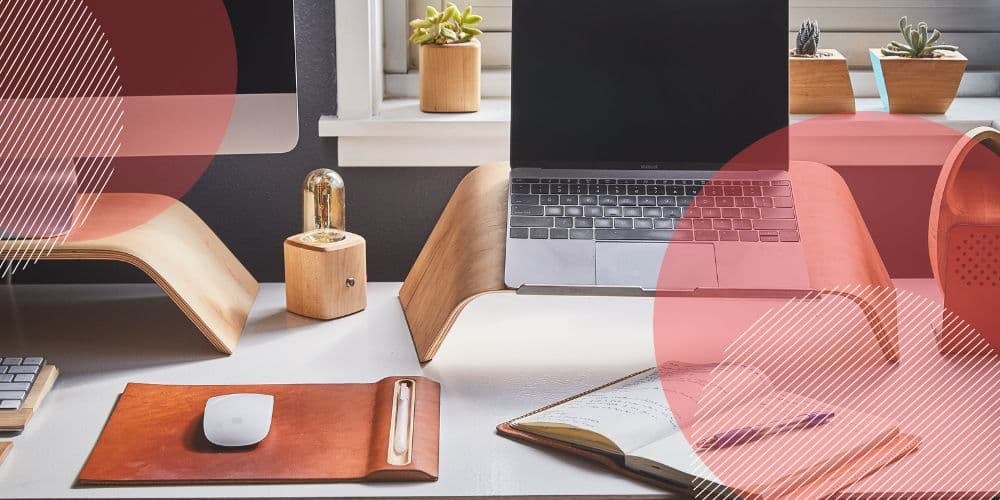 Mesa de escritório com dois computadores e pequenos vasos de plantas decorativas.