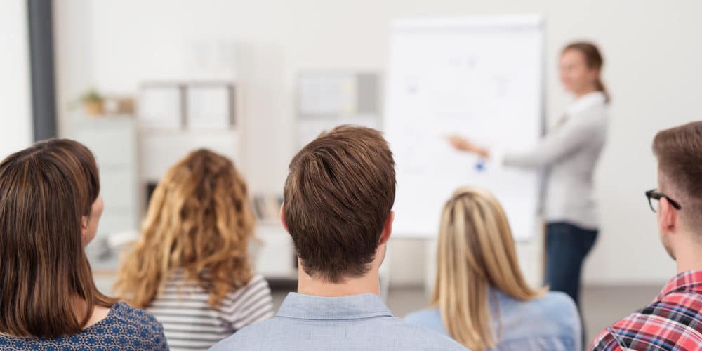Grupo de trabalhadores sentados em sala de reunião ampla para assistir um treinamento para funcionários ministrados por uma mulher.