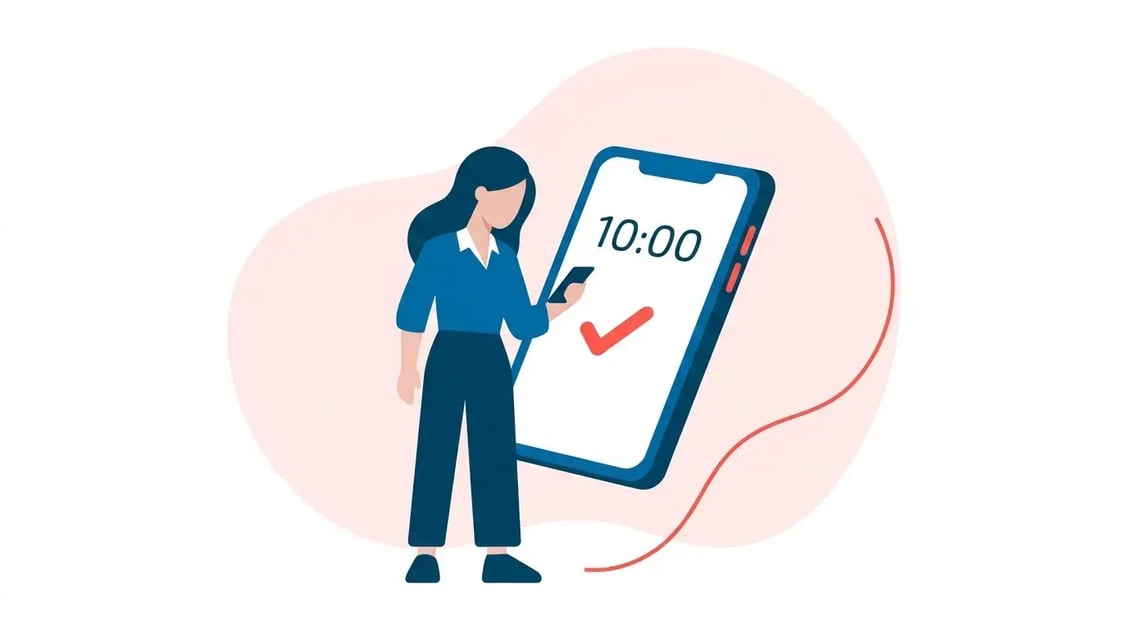 Funcionária registrando ponto pelo celular em escritório moderno 