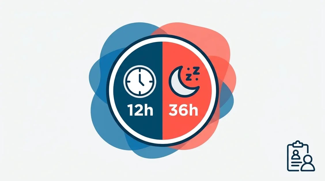 Infográfico da escala de trabalho 12x36 mostrando 12 horas de trabalho e 36 horas de descanso em formato visual circular