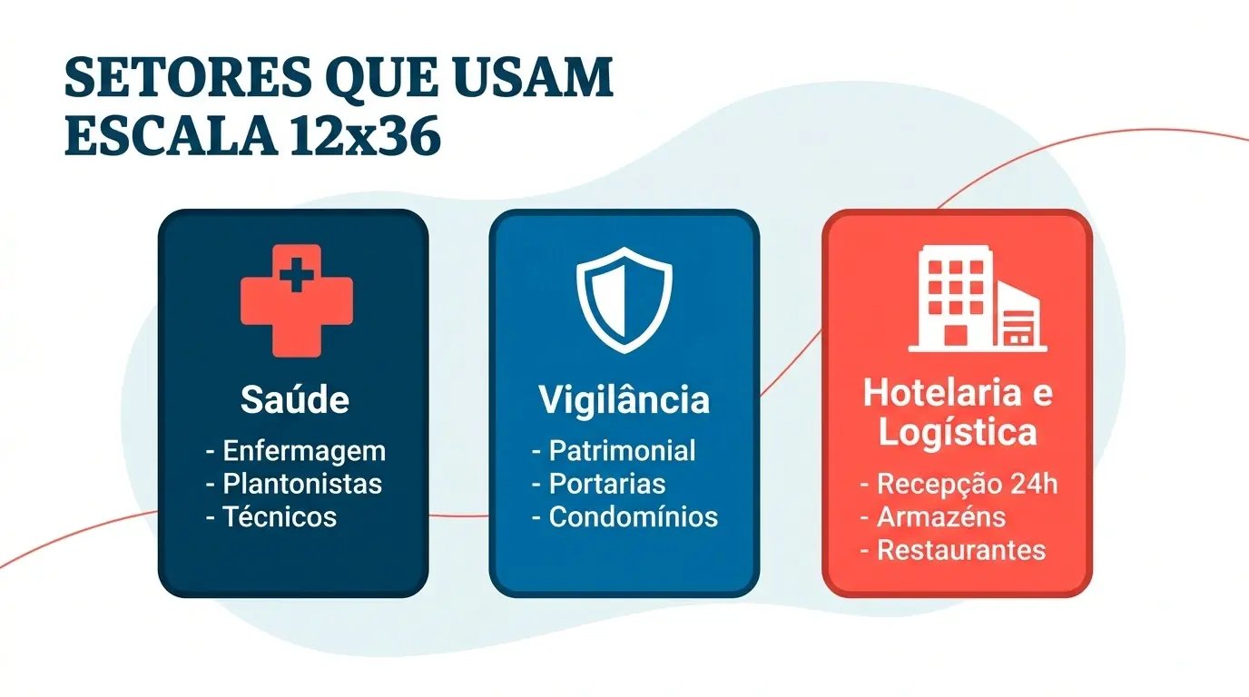 Três cartões ilustrados mostrando os principais setores que usam escala 12x36: saúde, vigilância patrimonial e hotelaria com logística