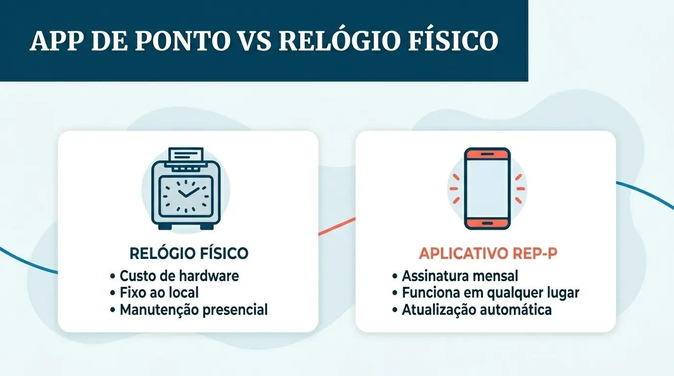 Comparação entre relógio de ponto físico e aplicativo de ponto eletrônico, mostrando diferenças de custo, flexibilidade e manutenção