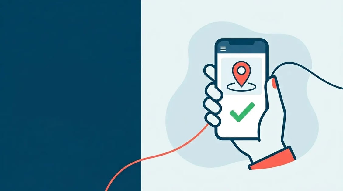 Mão segurando smartphone com aplicativo de ponto eletrônico aberto, mostrando geolocalização ativa