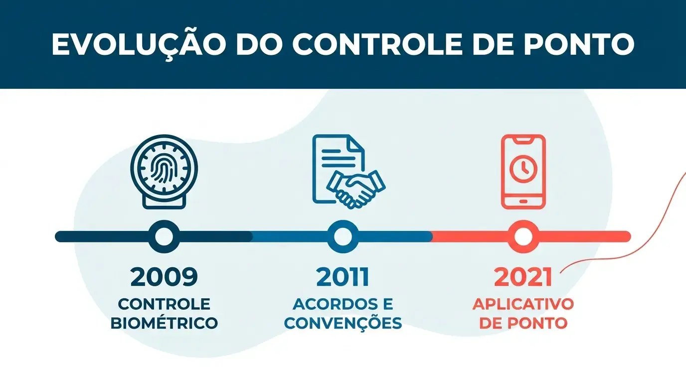 Linha do tempo mostrando a evolução da legislação de controle de ponto de 2009 a 2021