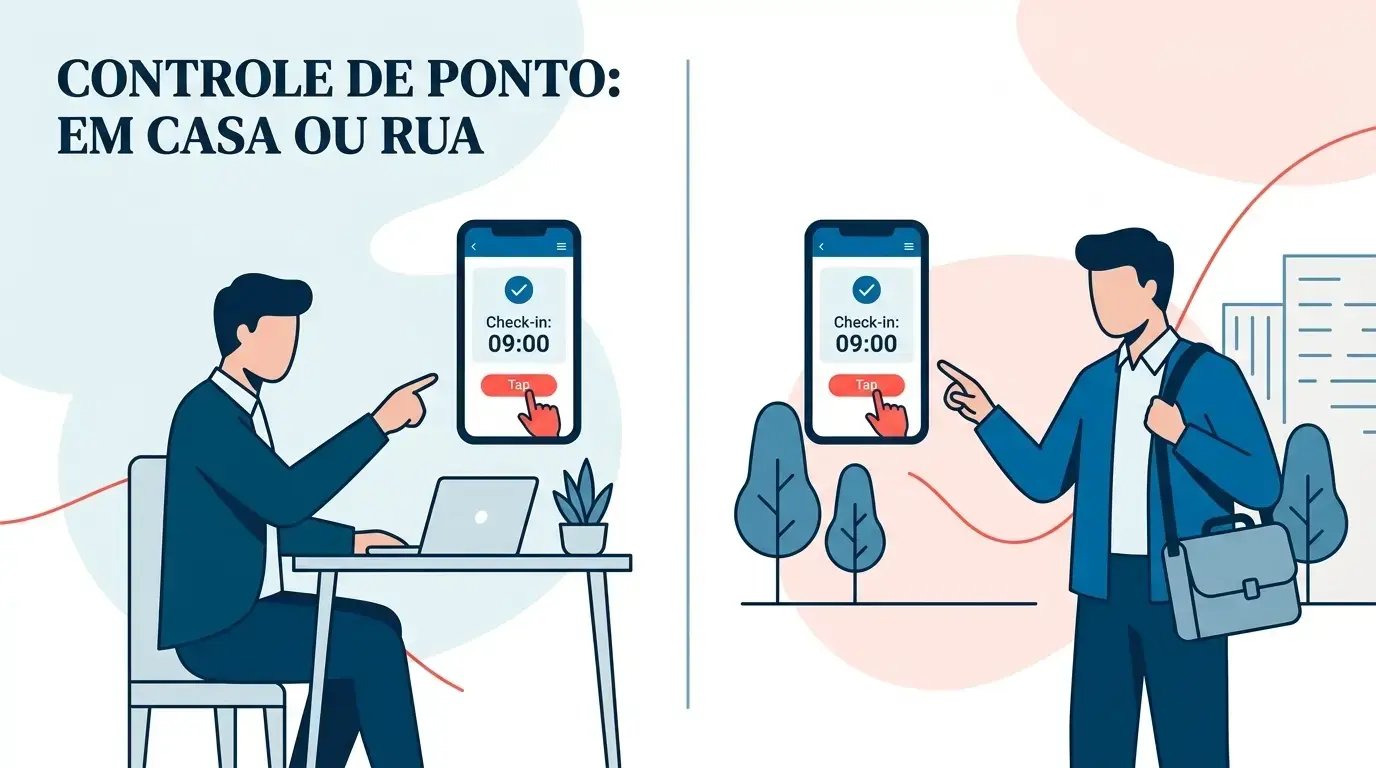 rabalhadora em home office e profissional externo utilizando aplicativo de ponto no celular