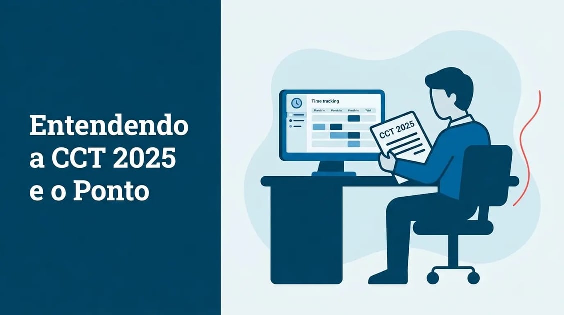 Profissional de RH analisa documento de convenção coletiva ao lado de tela com sistema de controle de ponto