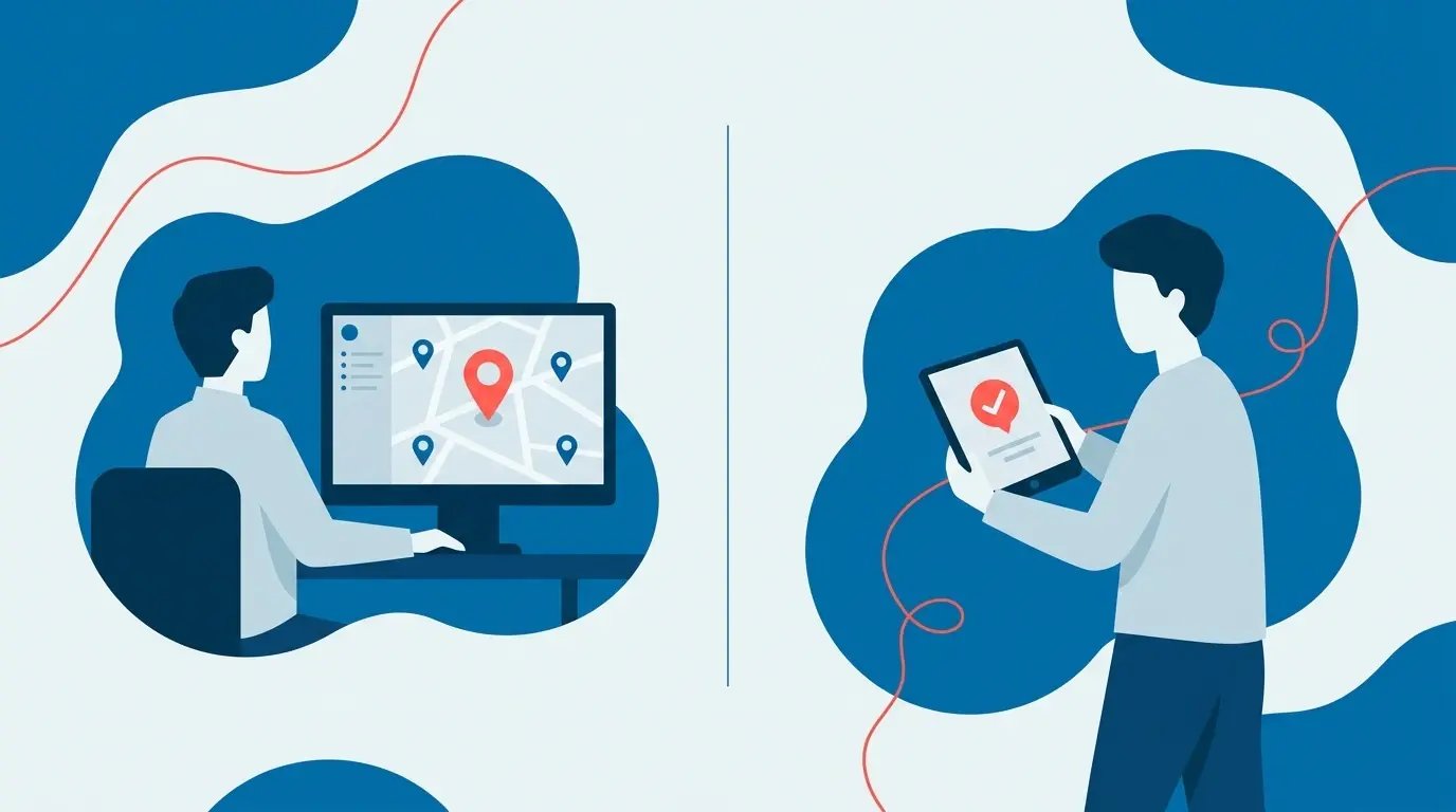 Painel de controle de ponto em tempo real com marcações GPS de equipe externa