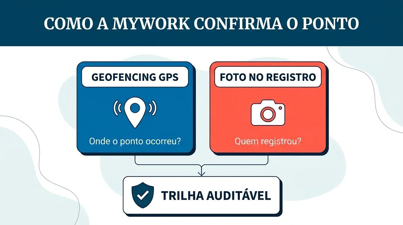 As duas camadas de verificação do ponto eletrônico na mywork: geofencing GPS verifica onde o ponto ocorreu e foto no registro documenta quem registrou