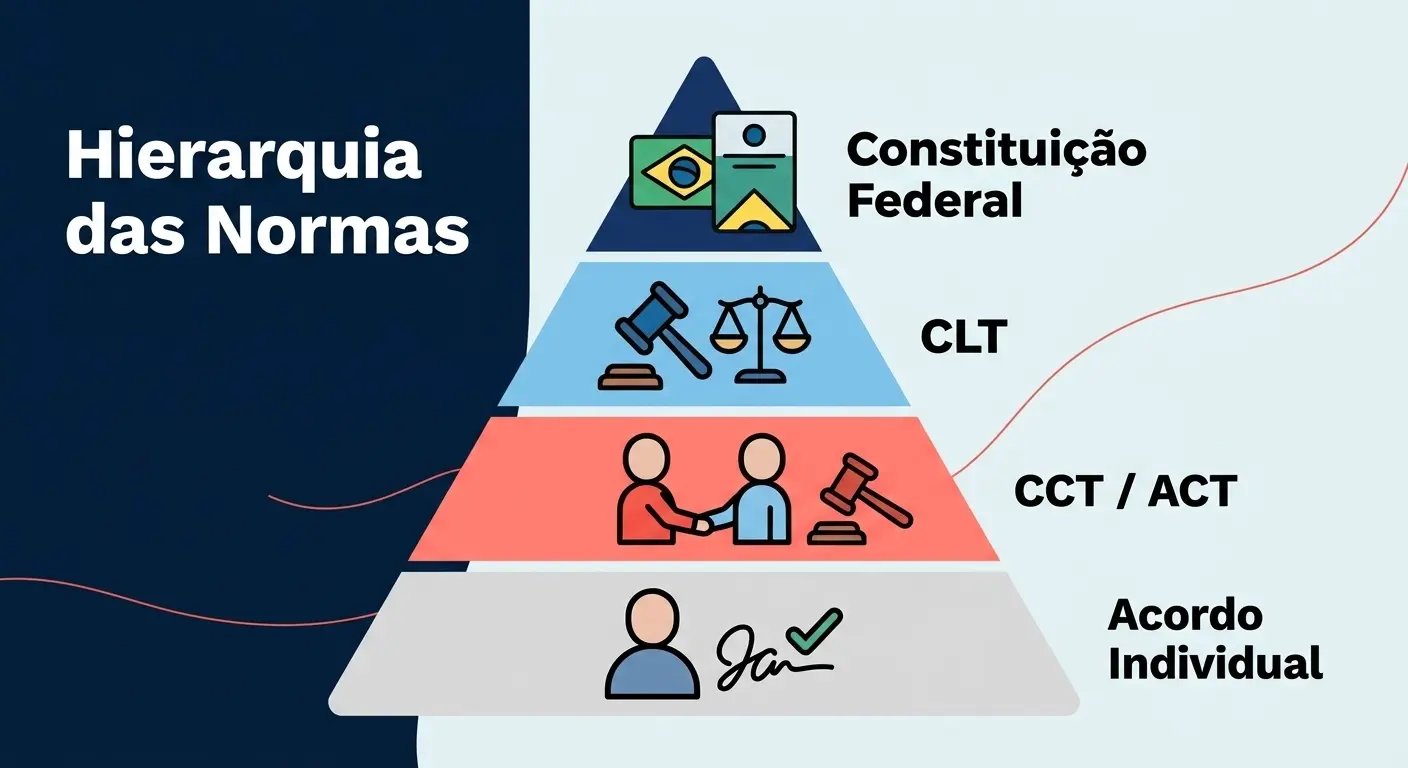 Diagrama mostrando a hierarquia entre Constituição Federal, CLT, CCT/ACT e acordo individual no controle de jornada