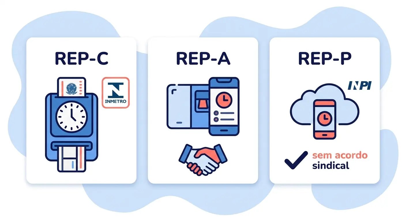 Tabela visual comparativa dos três tipos de REP com ícones de características principais
