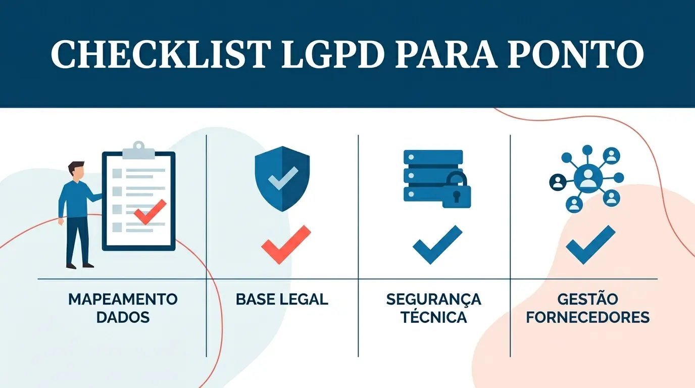 Checklist de adequação à LGPD para controle de ponto em PMEs com itens organizados por categoria: mapeamento de dados, base legal, segurança técnica e gestão de fornecedores