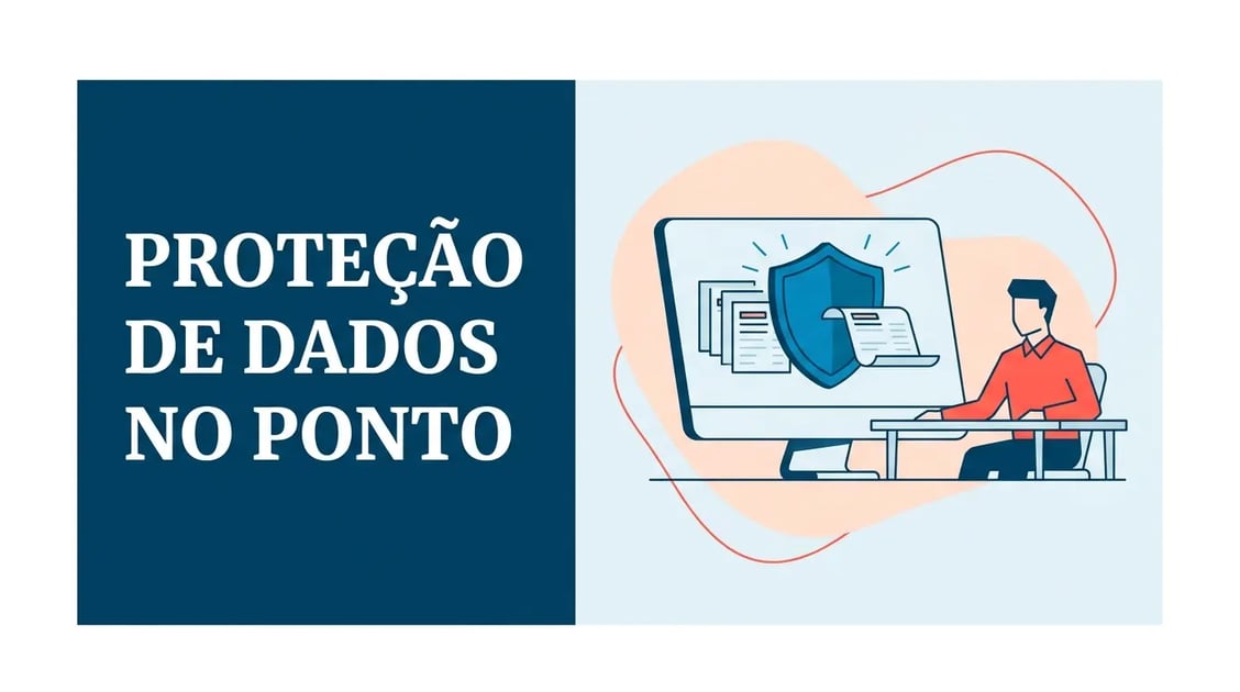 Profissional de RH diante de tela com ícone de escudo e registros de ponto eletrônico, representando conformidade com a LGPD no controle de jornada