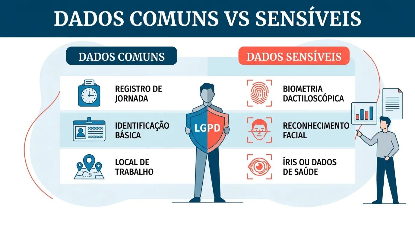 Diagrama comparando dados pessoais comuns e dados sensíveis no controle de ponto, com exemplos de cada categoria e seus diferentes níveis de proteção pela LGPD