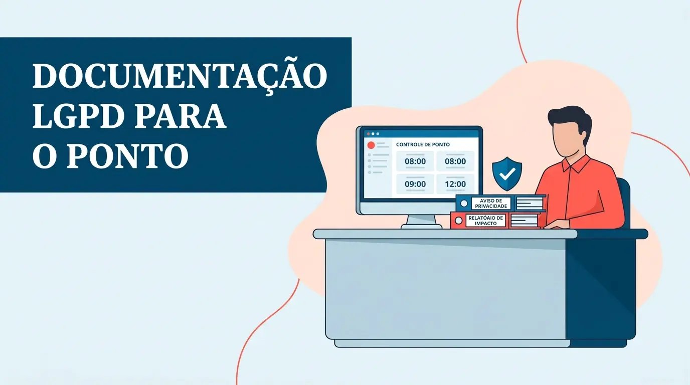 Profissional de RH organizando documentos de conformidade com a LGPD, incluindo aviso de privacidade e relatório de impacto para tratamento de dados de ponto eletrônico