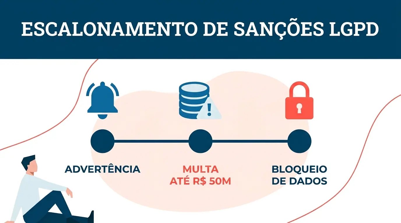 Escalonamento de sanções da LGPD para empresas que tratam dados de ponto de forma inadequada, mostrando progressão de advertência a multa de até R$ 50 milhões e bloqueio de dados