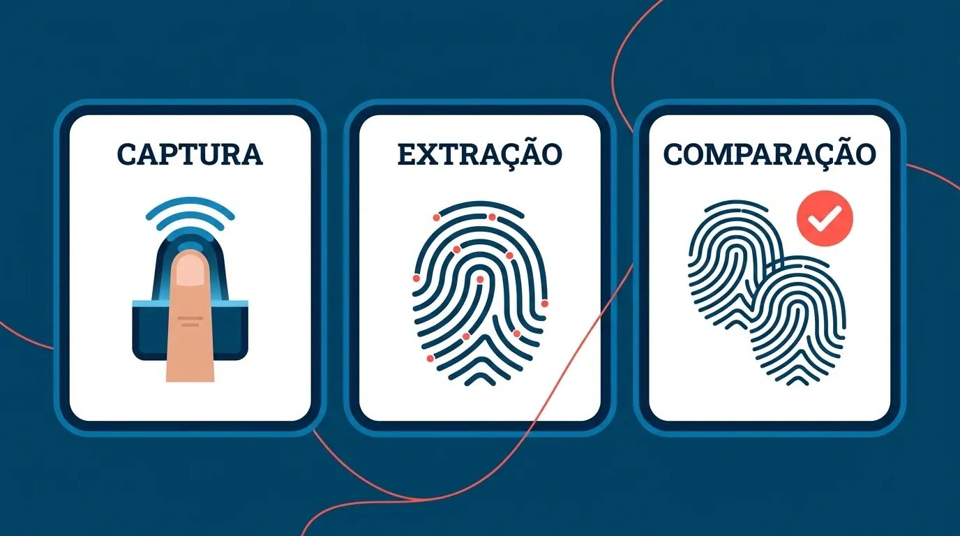Diagrama simplificado mostrando as três etapas da leitura biométrica: captura, extração de minúcias e comparação