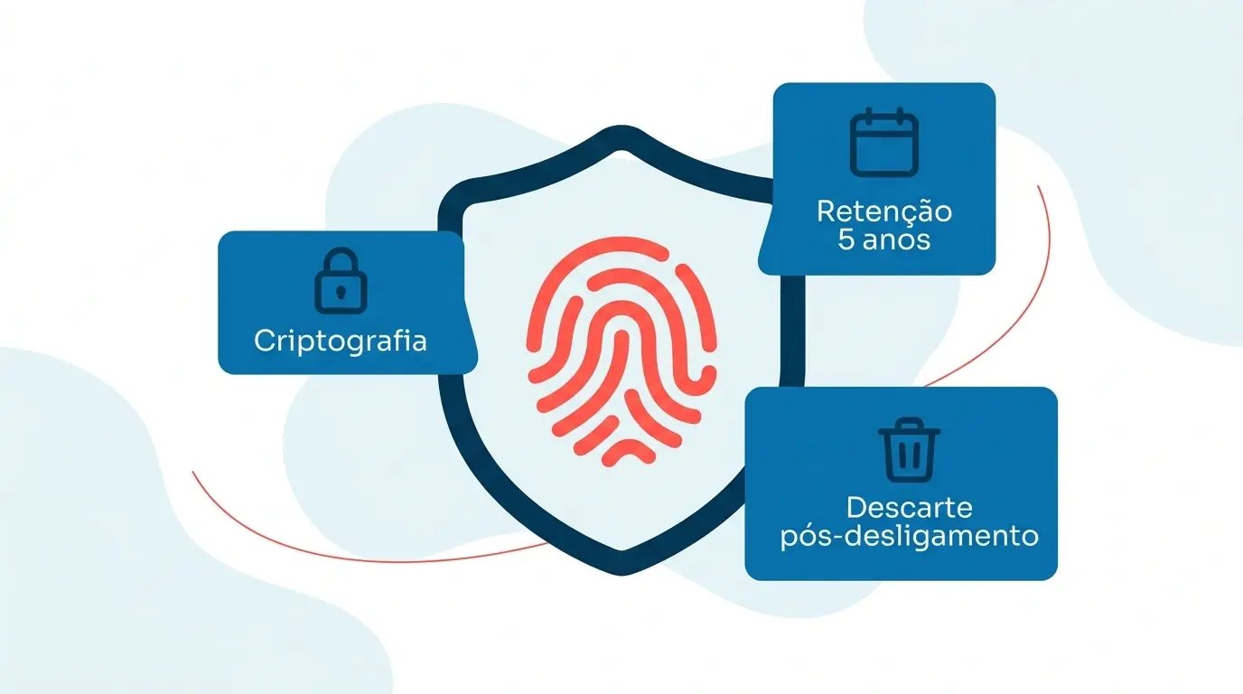 Ícone representando proteção de dados biométricos com escudo e símbolo de impressão digital