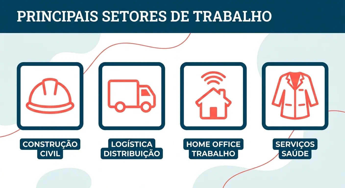 Ícones representando setores que utilizam ponto eletrônico portátil: construção civil, entregas, home office e saúde.