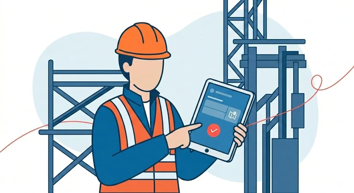 Supervisor de obra em canteiro de construção, usando capacete laranja, segura um tablet com sistema de ponto aberto, com andaimes desfocados ao fundo.