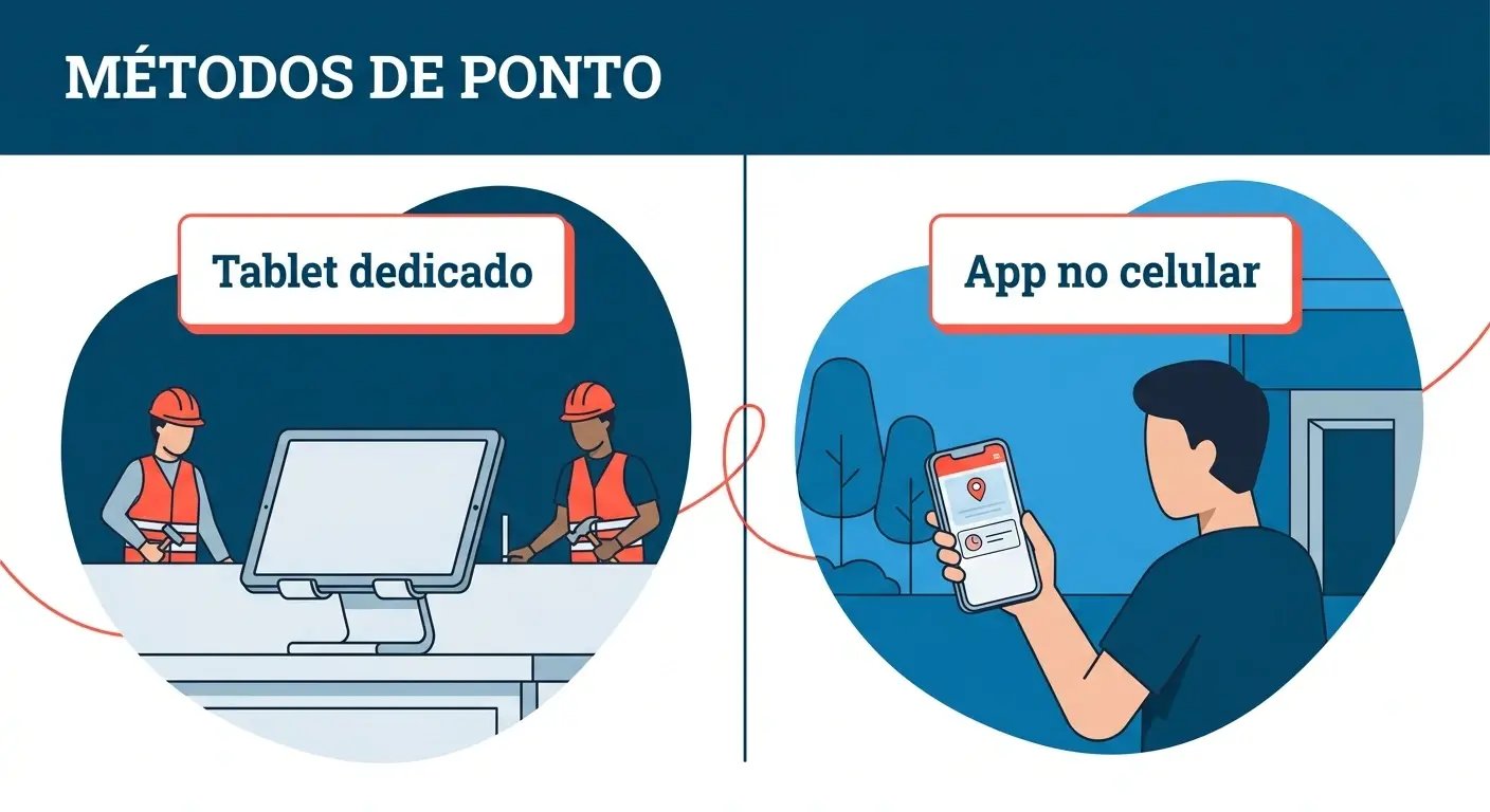 Comparação entre tablet compartilhado em canteiro de obras e uso de aplicativo de ponto no celular individual em ambiente externo.