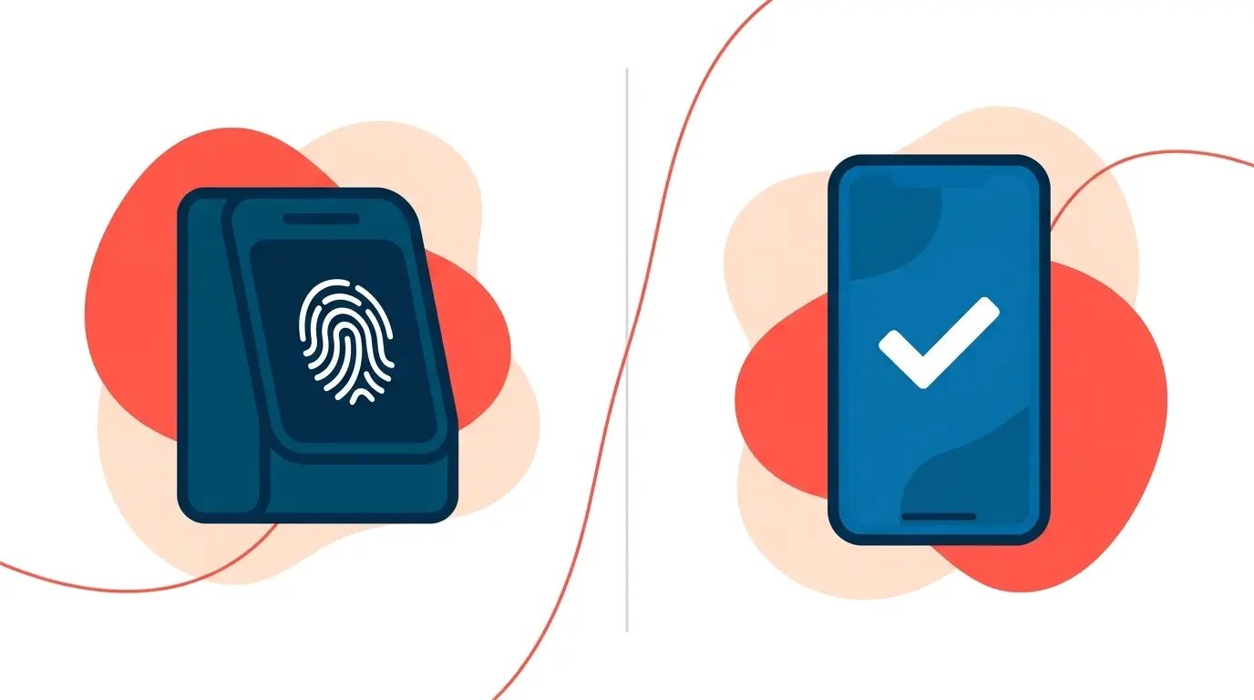 Comparativo visual entre relógio de ponto físico REP-C e aplicativo de ponto REP-P no celular