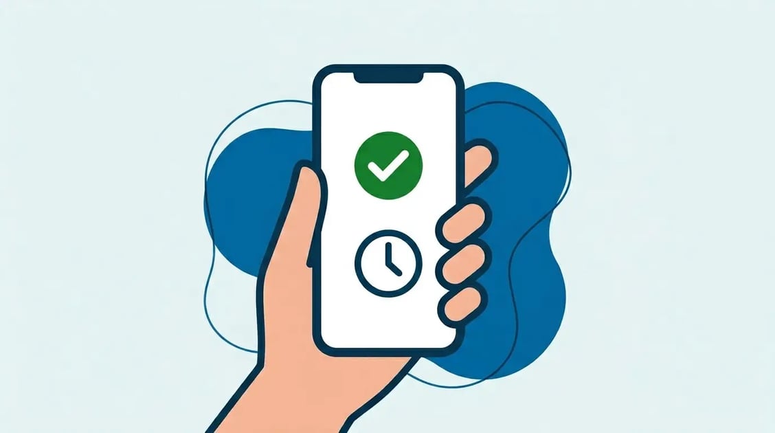 Smartphone na mão com imagem de check verde. 