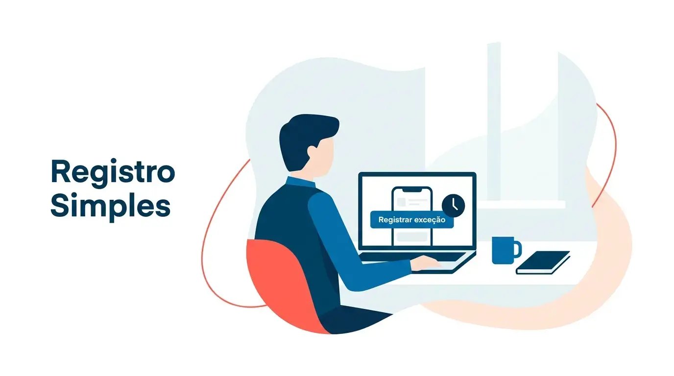 Profissional em home office com laptop aberto registrando exceção de jornada em aplicativo de ponto eletrônico