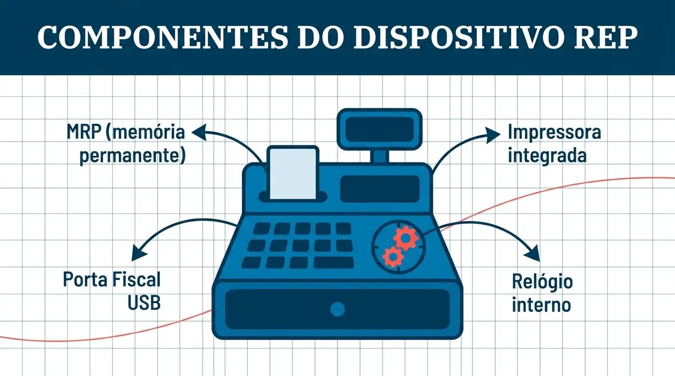 Diagrama dos componentes obrigatórios do REP segundo a Portaria 1510: MRP, porta fiscal, impressora e relógio interno