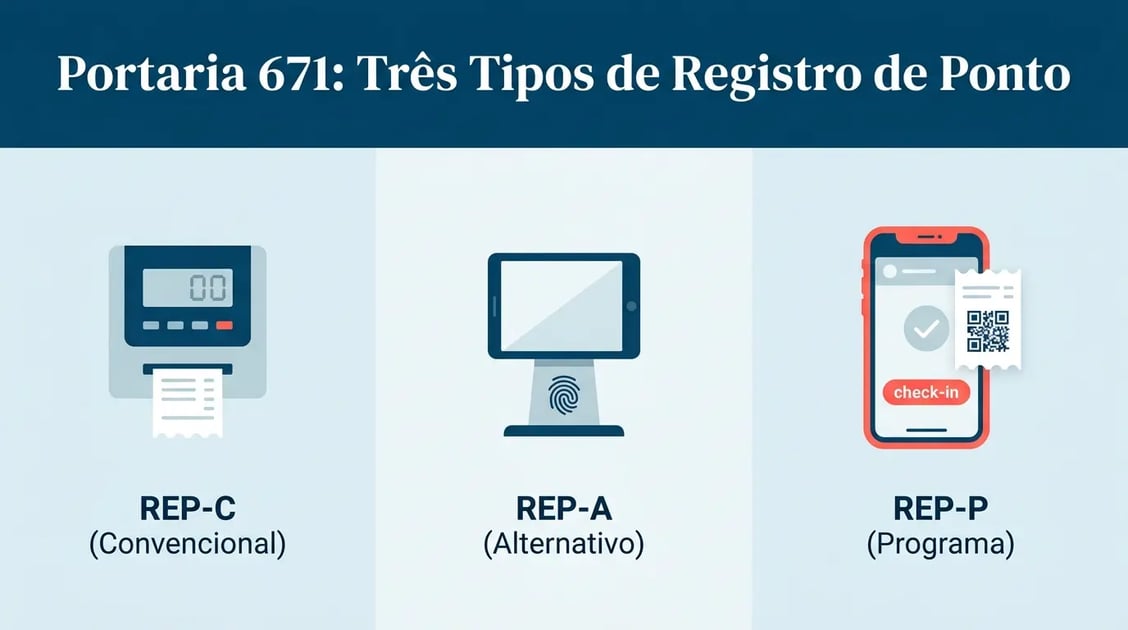 Os três tipos de registro de ponto permitidos pela Portaria 671 — REP-C, REP-A e REP-P