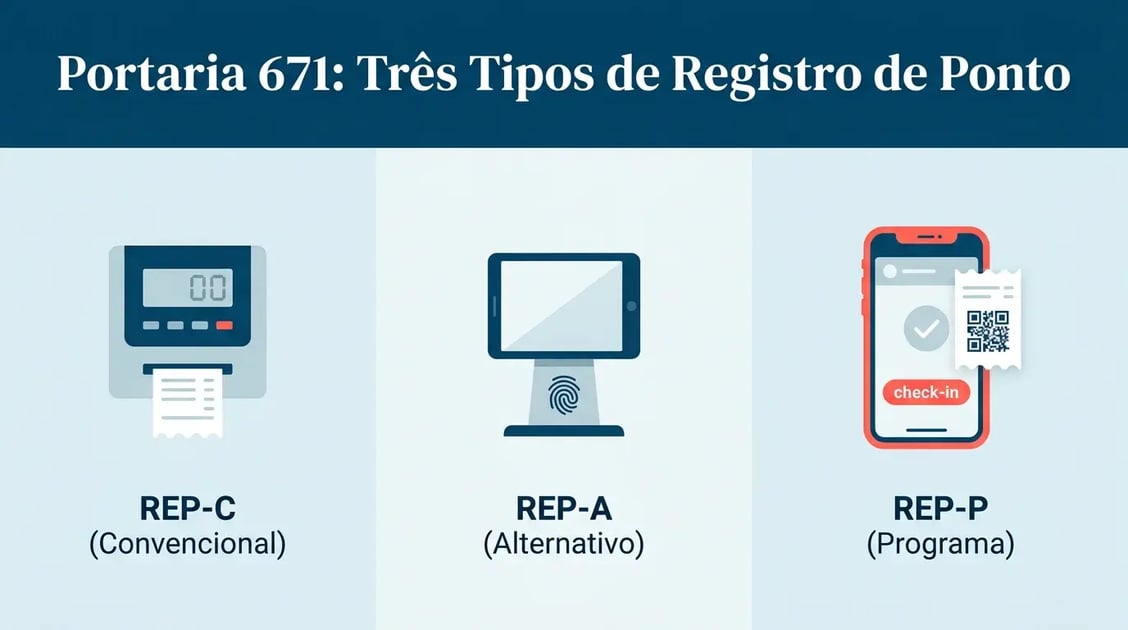 Os três tipos de registro de ponto permitidos pela Portaria 671 — REP-C, REP-A e REP-P