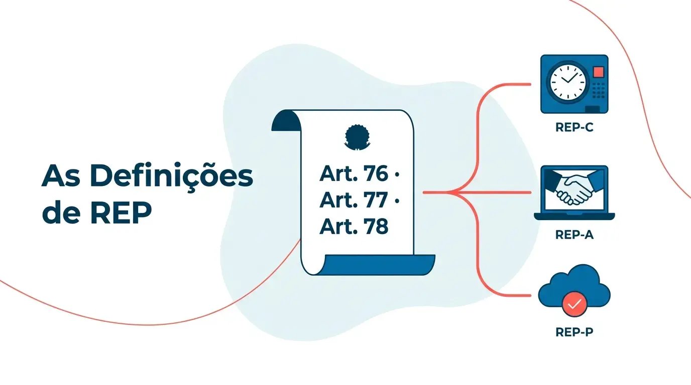 Ilustração conceitual representando os artigos 76, 77 e 78 da Portaria 671 que definem os três tipos de REP para controle de ponto eletrônico