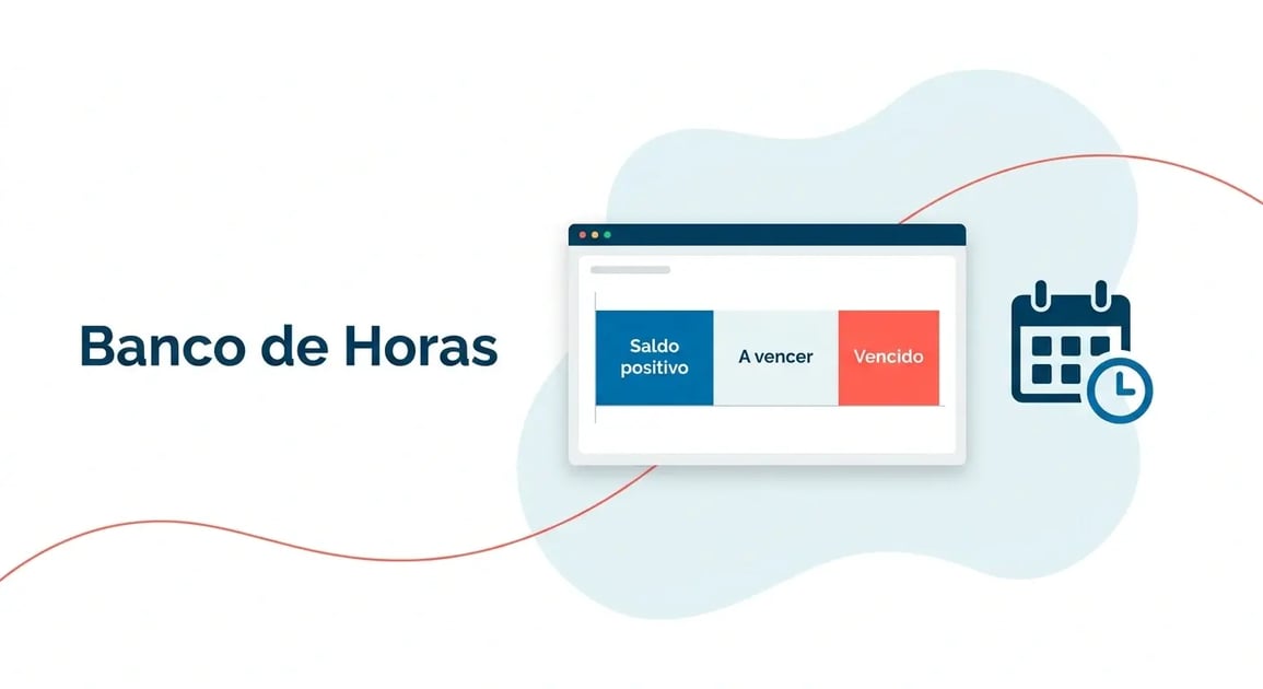 Painel de controle de banco de horas mostrando saldo positivo, horas a vencer e horas vencidas por colaborador