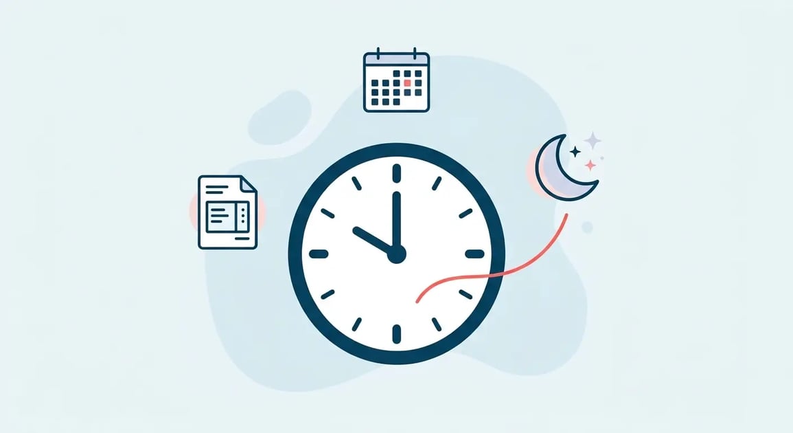 Ilustração de relógio marcando 22h com fundo noturno e ícones de holerite e calendário, representando adicional noturno CLT