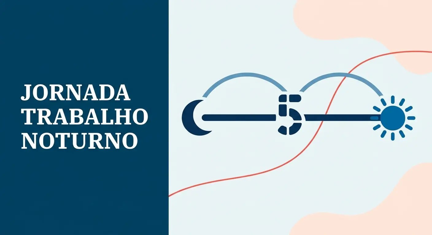 Linha do tempo de uma jornada noturna das 22h às 6h mostrando adicional noturno e prorrogação de jornada após 5h