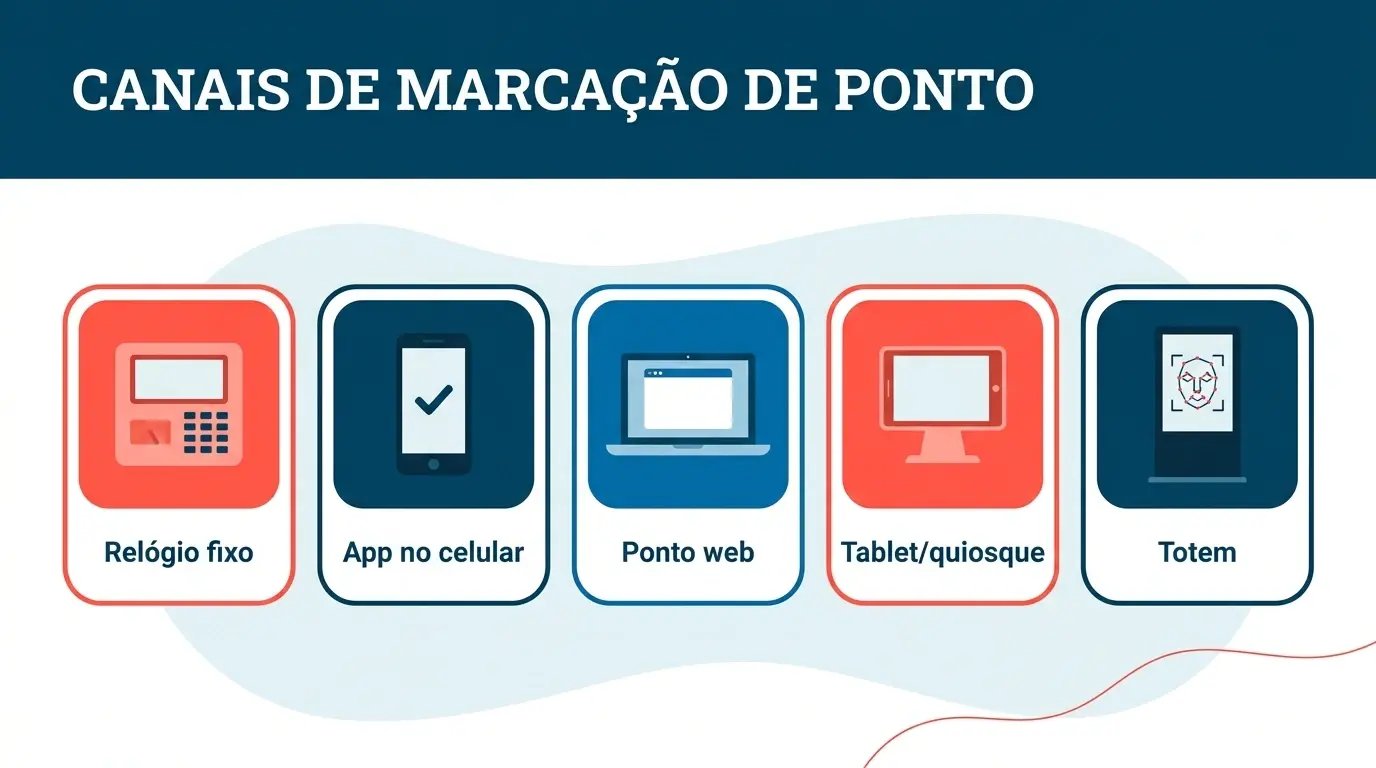 Os cinco canais de marcação de ponto eletrônico: relógio fixo, aplicativo, ponto web, tablet e totem com reconhecimento facial