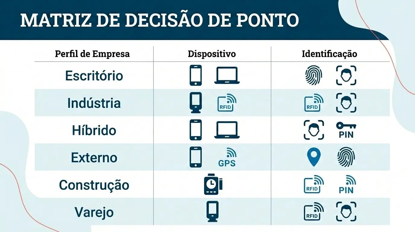 Matriz de decisão de tecnologia de ponto eletrônico por perfil de empresa: escritório, indústria, híbrido, externo, obra e franquia
