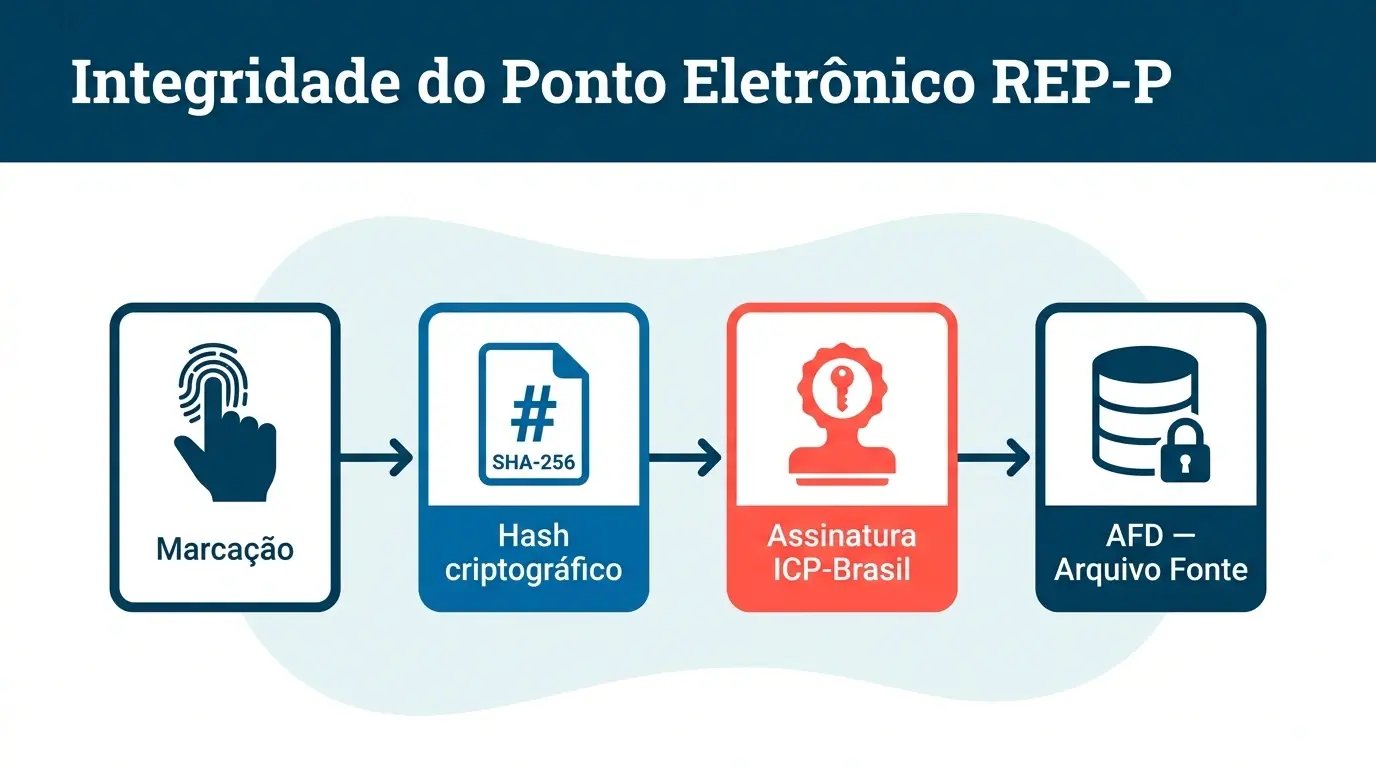 Fluxo técnico de integridade de uma marcação de ponto eletrônico REP-P: da captura até o arquivo AFD com hash SHA-256 e assinatura ICP-Brasil