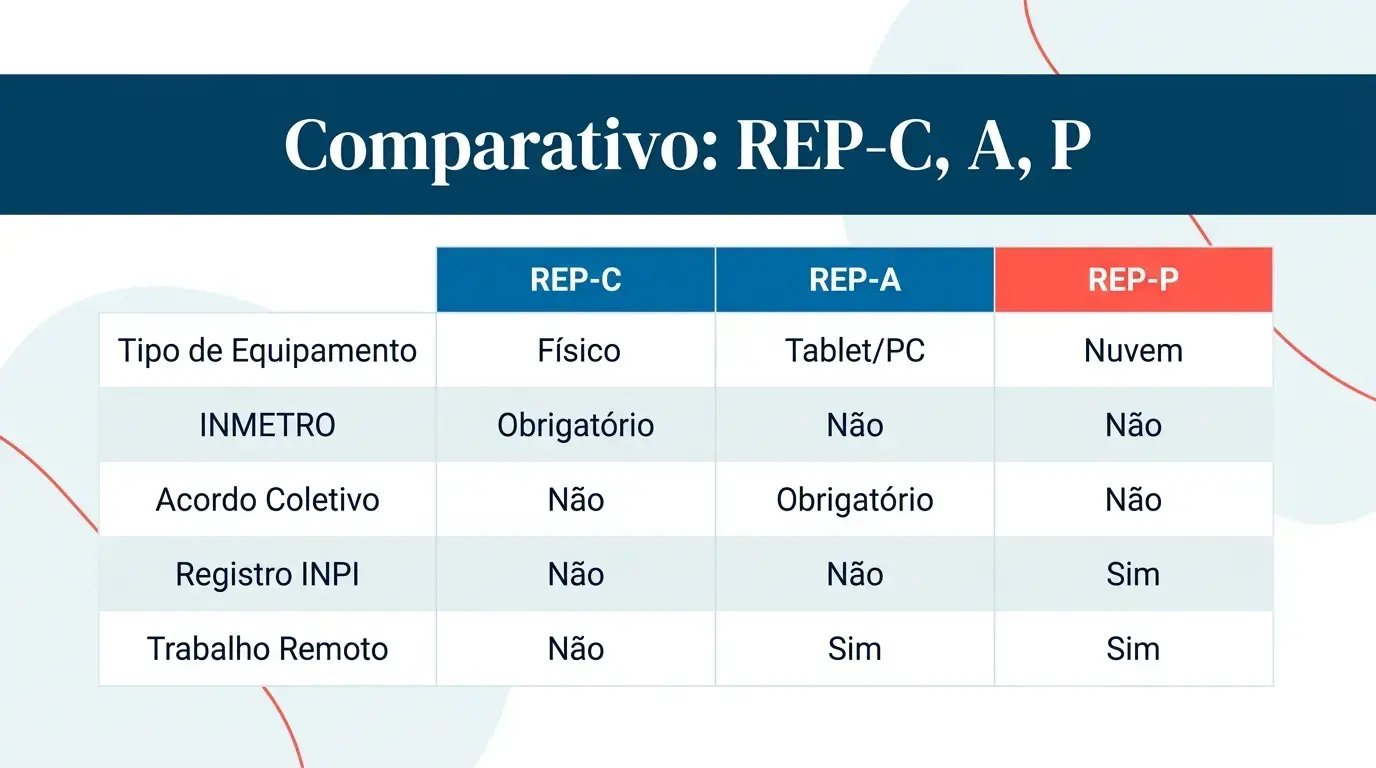 Infográfico comparando REP-C, REP-A e REP-P com os principais critérios: INMETRO, INPI, acordo coletivo, nuvem e tipo de equipamento